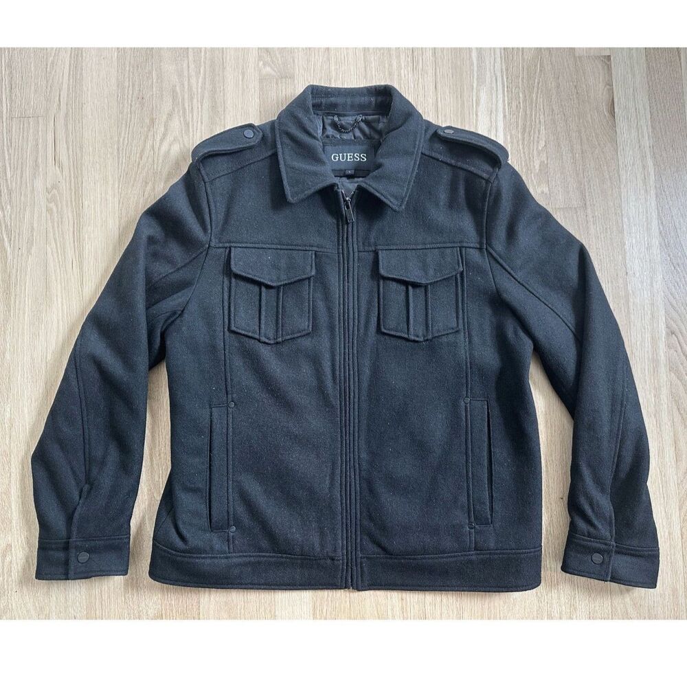 Guess Mens Black Wool Blend Military Field Jacket Size Large Zip Front Epaulets